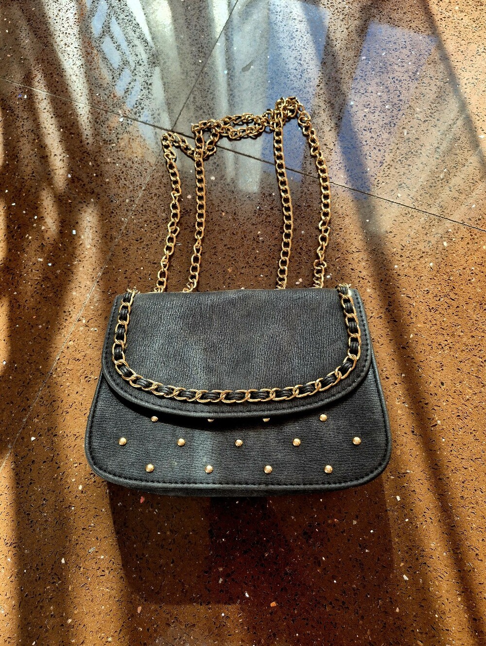 Black Chain-Trim Crossbody Bag with Gold Studs
